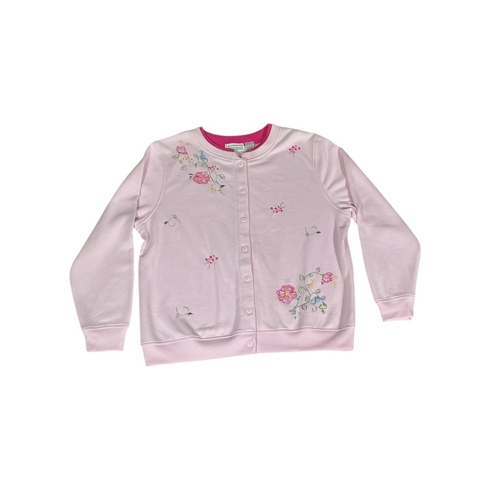 90s Shenanigans Floral Embroidered Cardigan Sweatshirt Pink Medium vintage